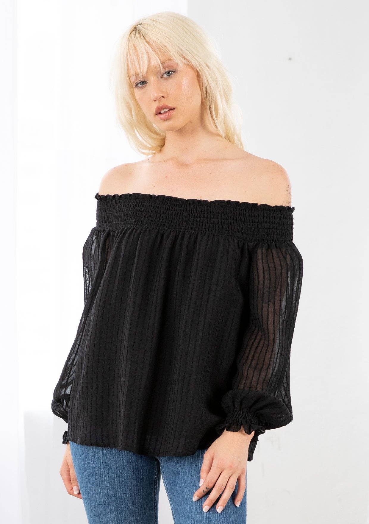 Smocked Off Shoulder 3/4 Sleeve Boho Blouse