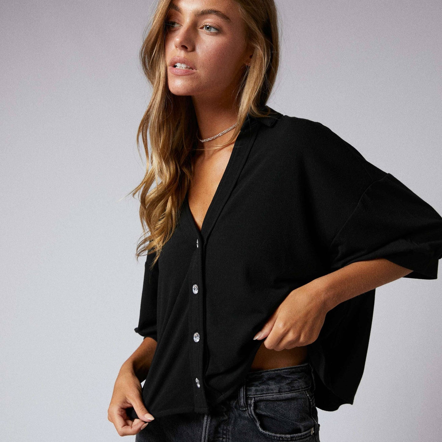 Rhinstone Button Down Crop Shirt
