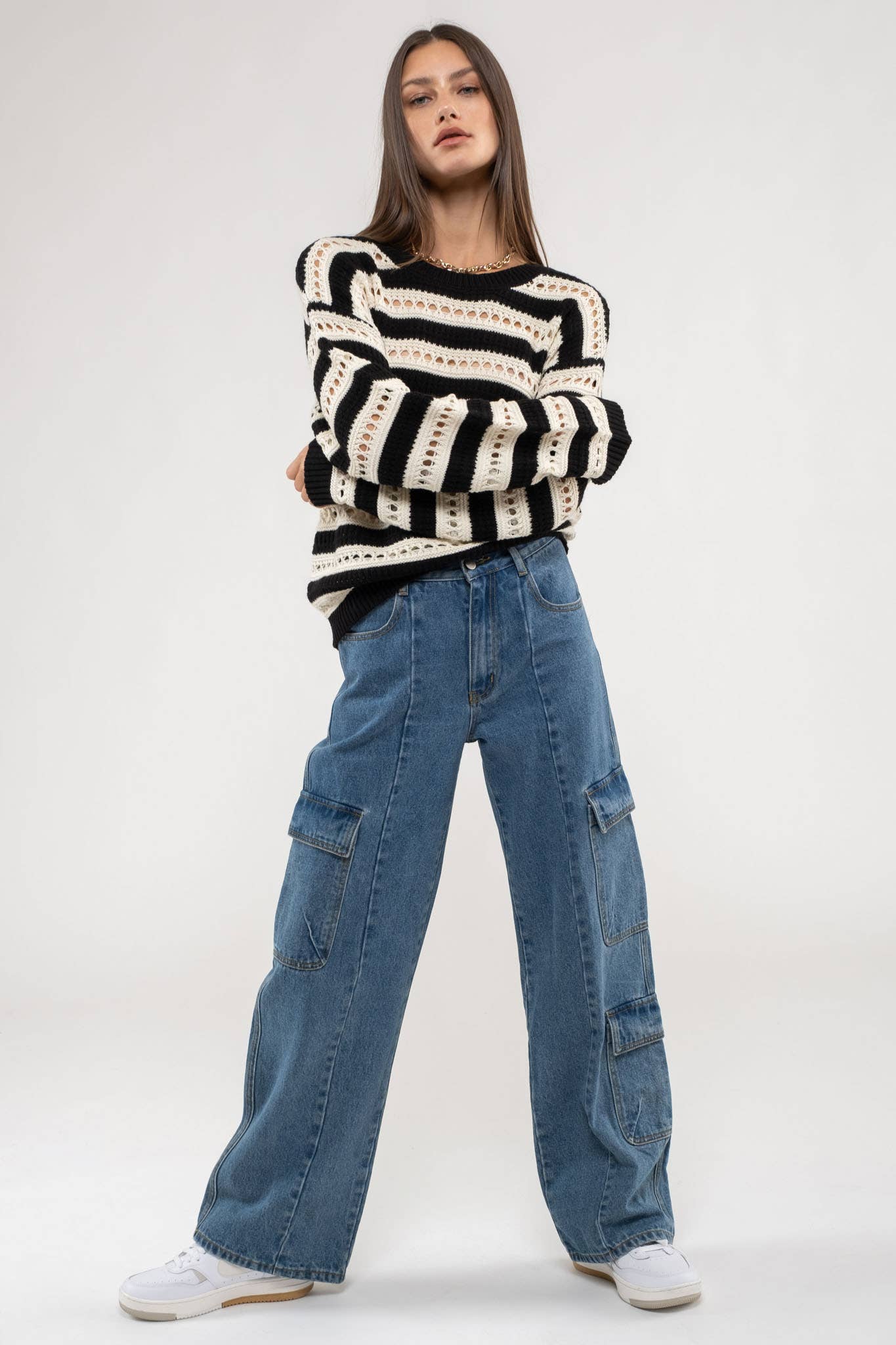 STRIPED EYELET KNIT PULLOVER SWEATER