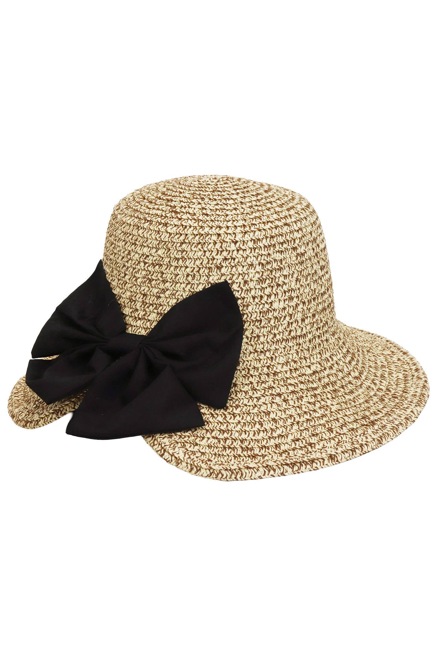 Black Bowtie Bucket Brim Paper Variegated Straw Sun Hat