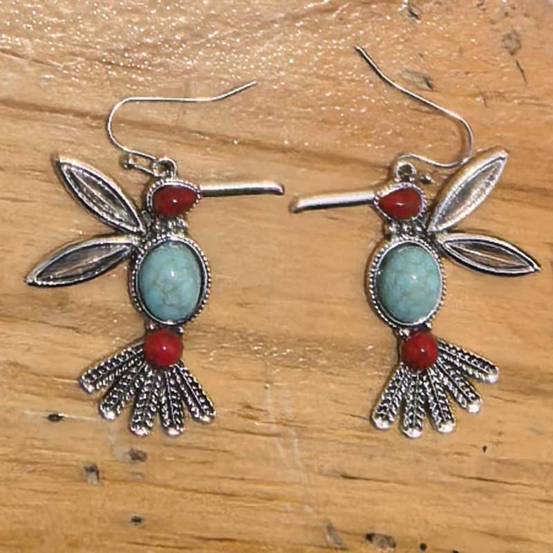 Boho Turquoise & Red Stones Hummingbird Drop Earrings
