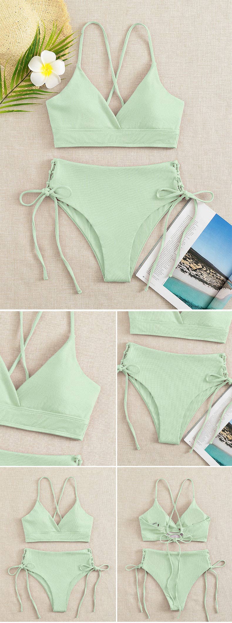 Ladies Solid Color Shoulder String Tie Bikini Set RFD-9684