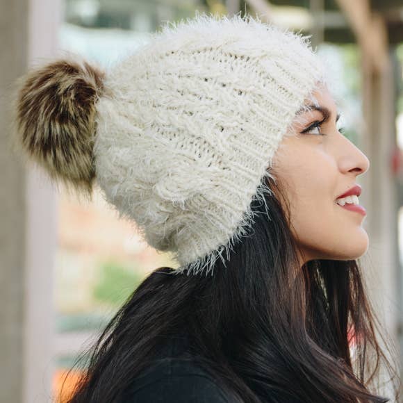Faux Mohair Cable Knit Pom Pom Beanie