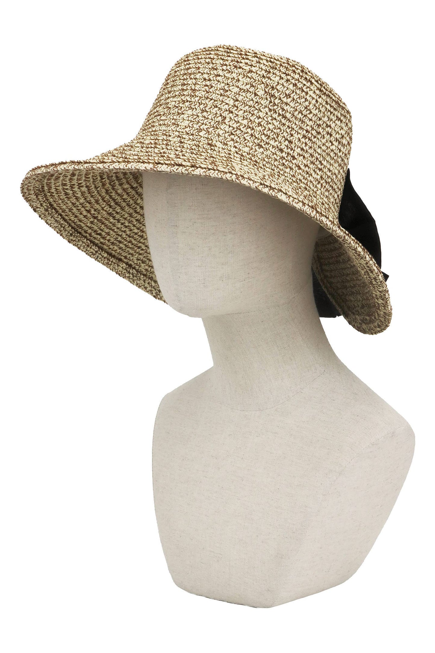 Black Bowtie Bucket Brim Paper Variegated Straw Sun Hat