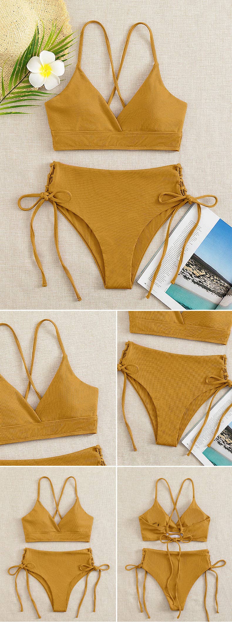 Ladies Solid Color Shoulder String Tie Bikini Set RFD-9684