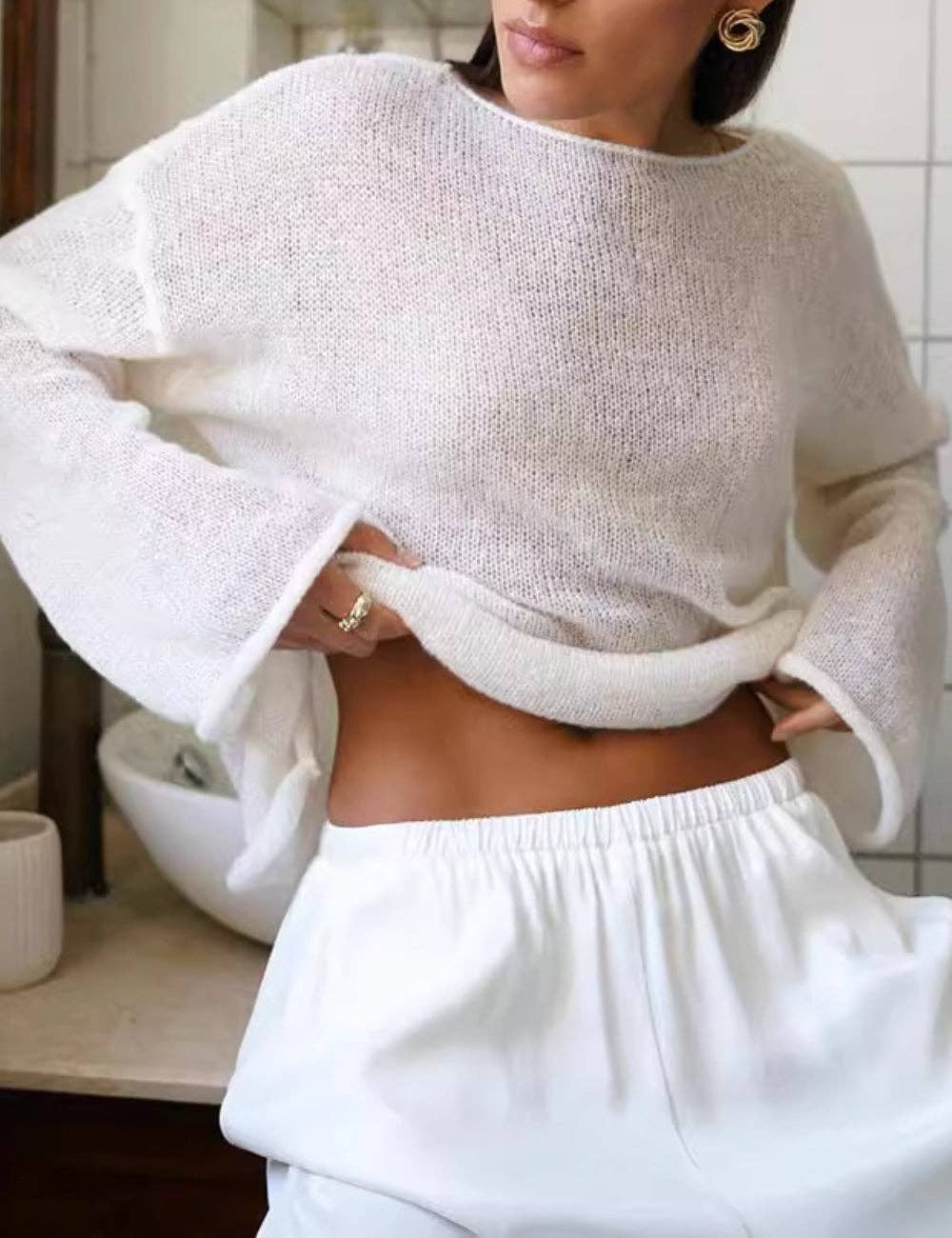 Ladies Solid Color Hollow Knit Top MY0106