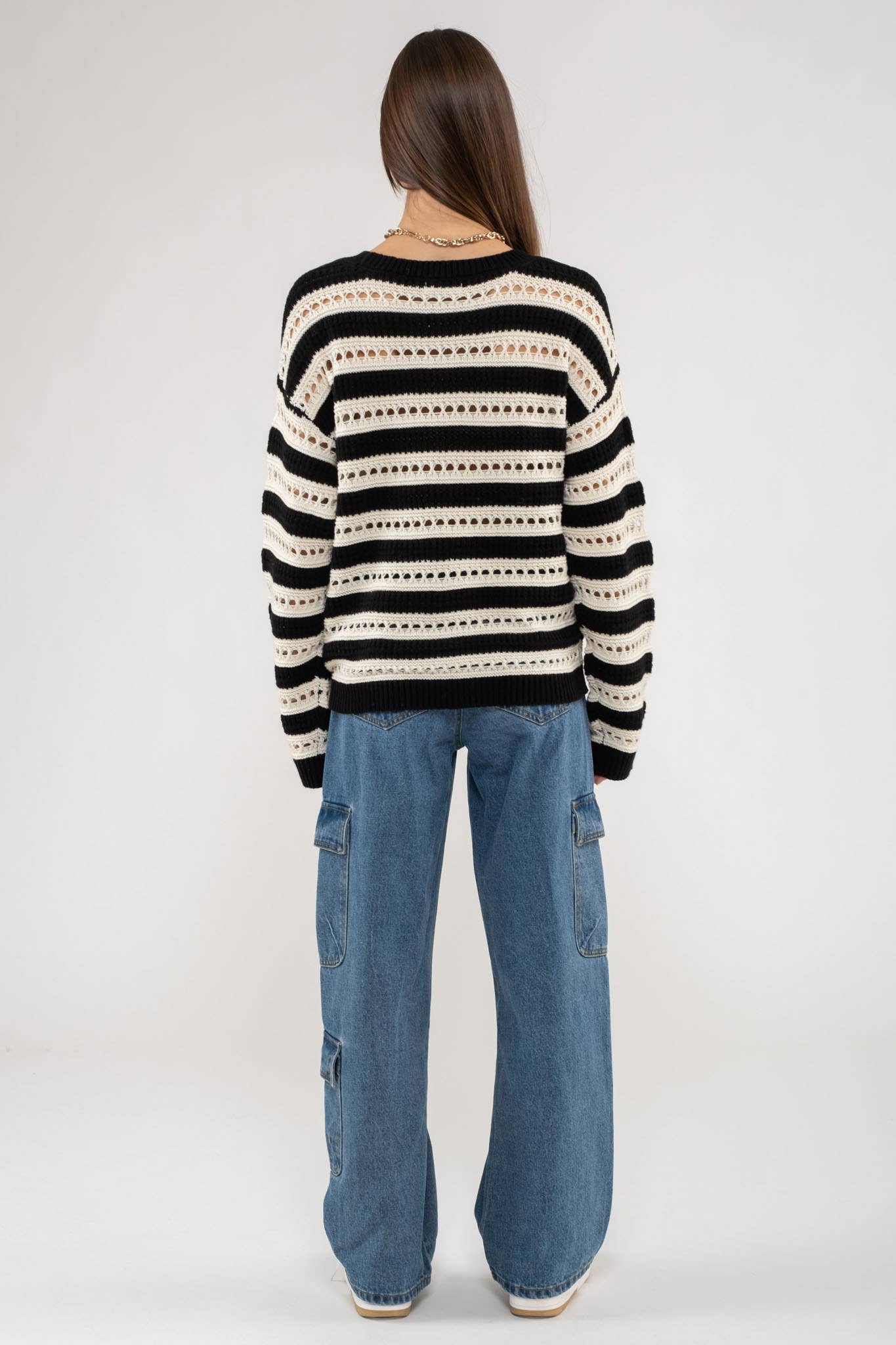 STRIPED EYELET KNIT PULLOVER SWEATER