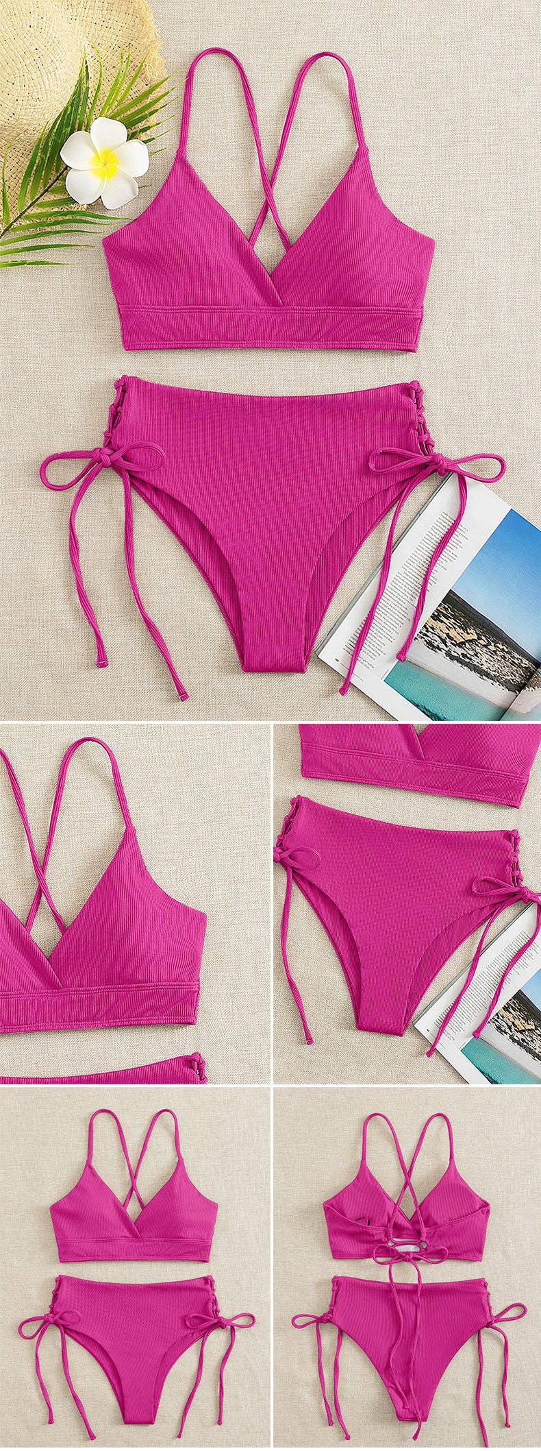 Ladies Solid Color Shoulder String Tie Bikini Set RFD-9684