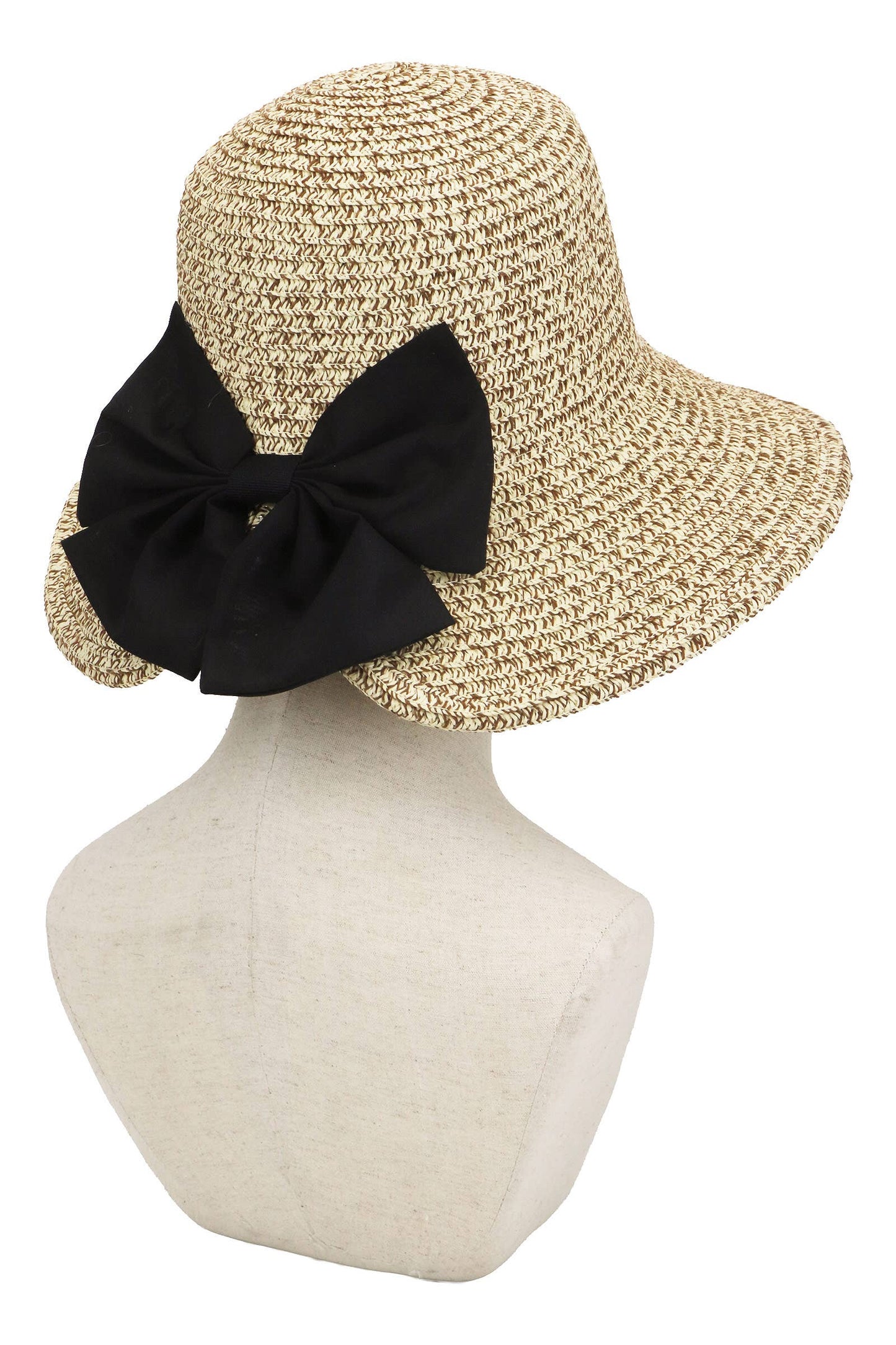 Black Bowtie Bucket Brim Paper Variegated Straw Sun Hat
