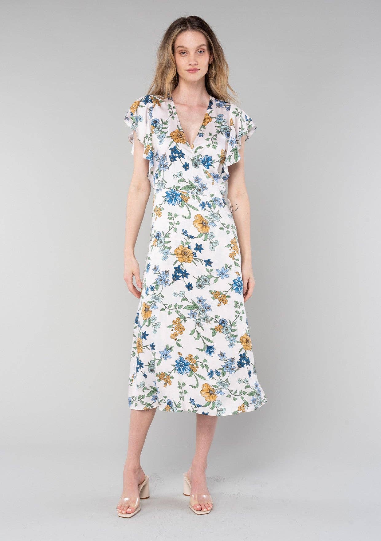 Floral Short Flutter Sleeve Midi Wrap Dress