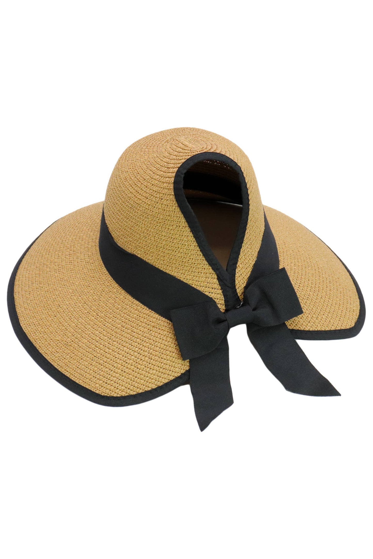 Black Bow Ponytail Straw Visor Dome Derby Sun Hat