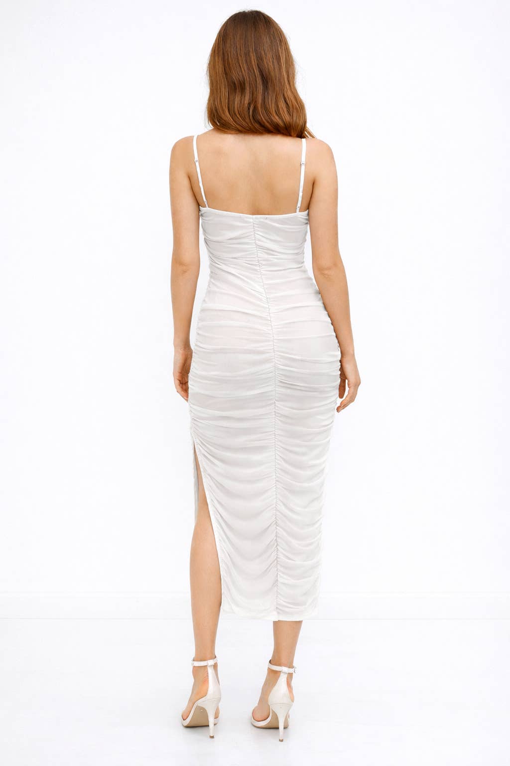 LD57086 -  ELASTIC STRAP MIDI RUCHED DRESS WITH SIDE SLIT