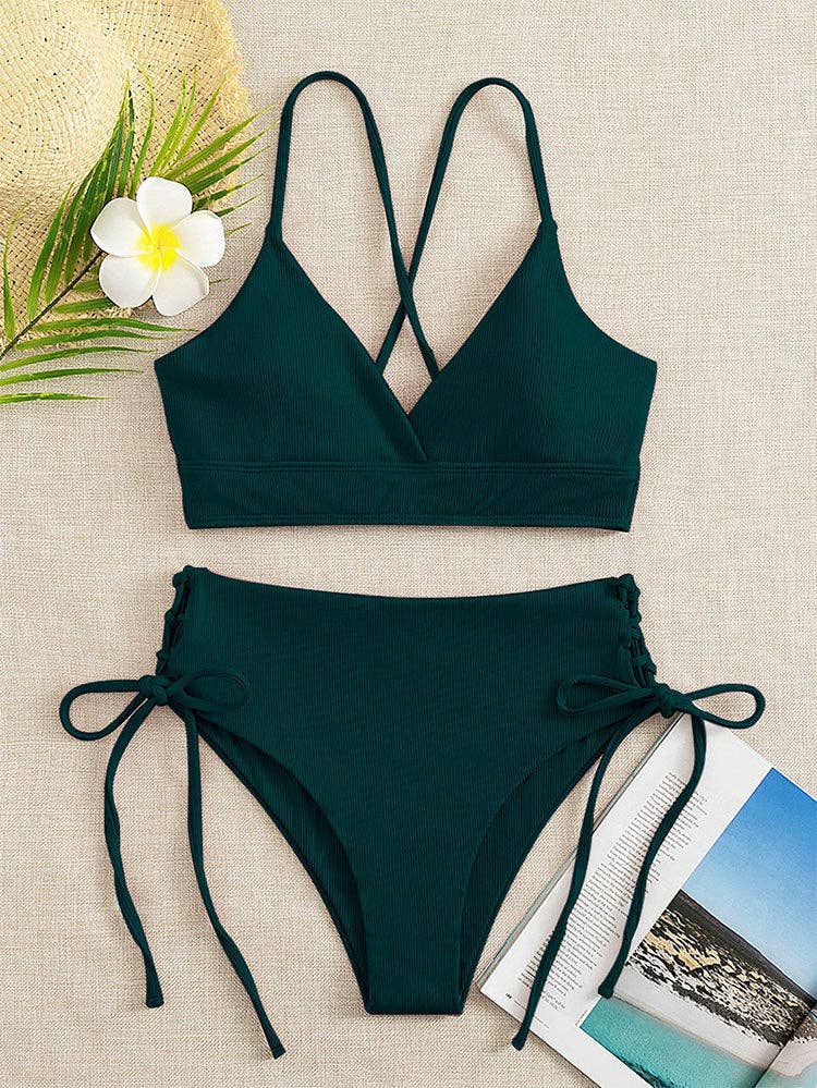 Ladies Solid Color Shoulder String Tie Bikini Set RFD-9684