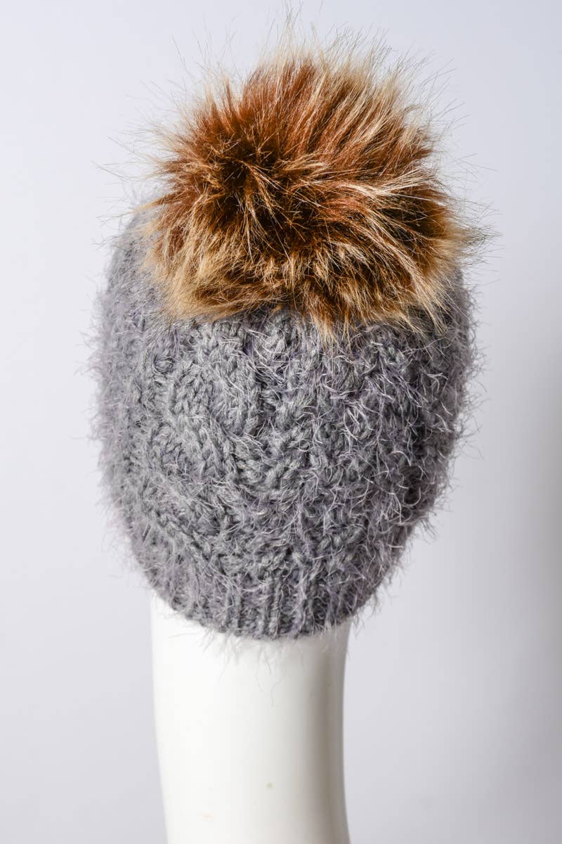 Faux Mohair Cable Knit Pom Pom Beanie