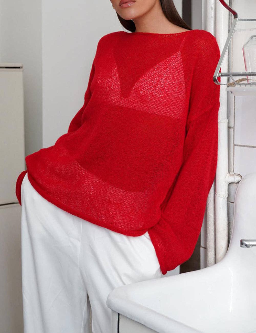 Ladies Solid Color Hollow Knit Top MY0106