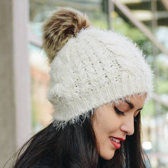 Faux Mohair Cable Knit Pom Pom Beanie