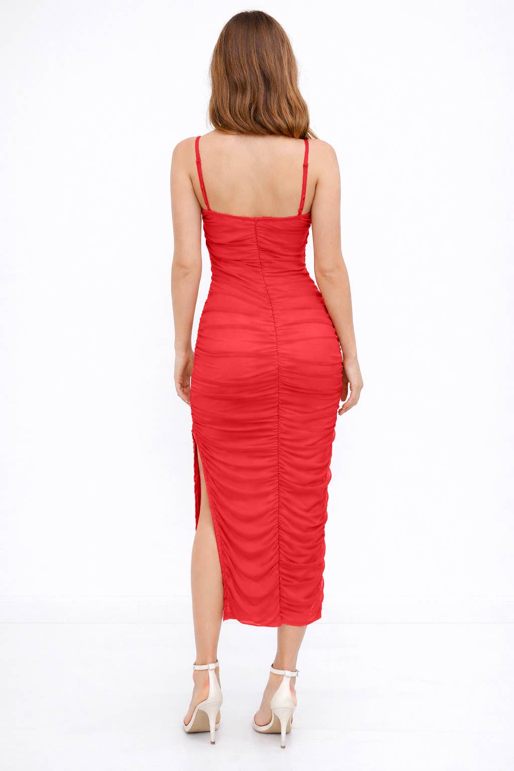 LD57086 -  ELASTIC STRAP MIDI RUCHED DRESS WITH SIDE SLIT