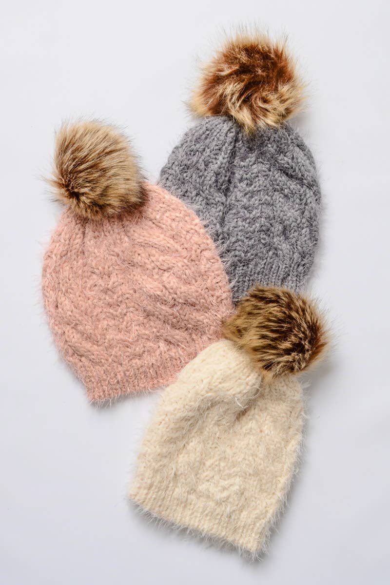 Faux Mohair Cable Knit Pom Pom Beanie