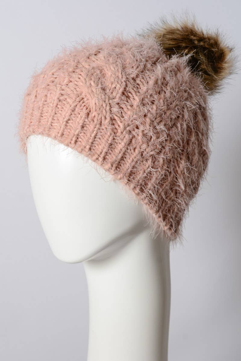 Faux Mohair Cable Knit Pom Pom Beanie