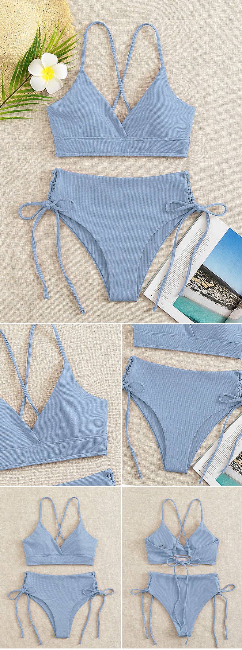 Ladies Solid Color Shoulder String Tie Bikini Set RFD-9684