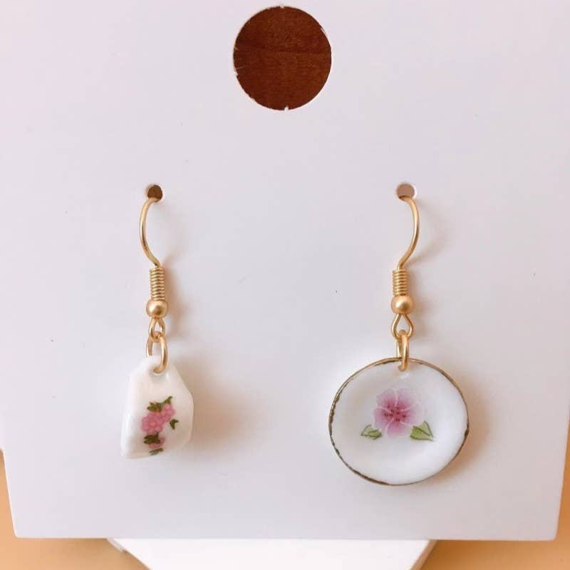 Asymmetric vintage teacup and saucer ceramic earrings