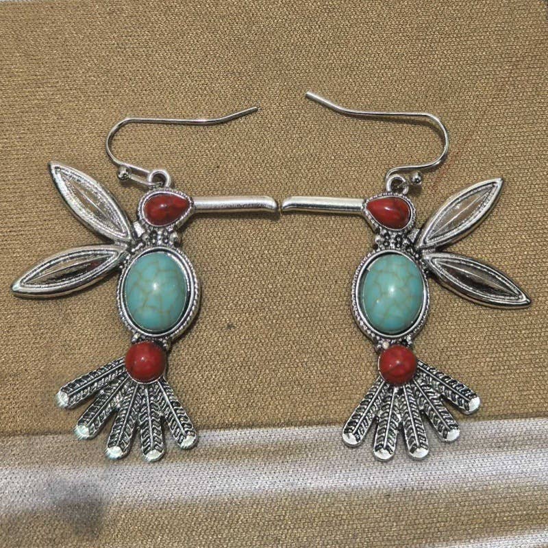 Boho Turquoise & Red Stones Hummingbird Drop Earrings