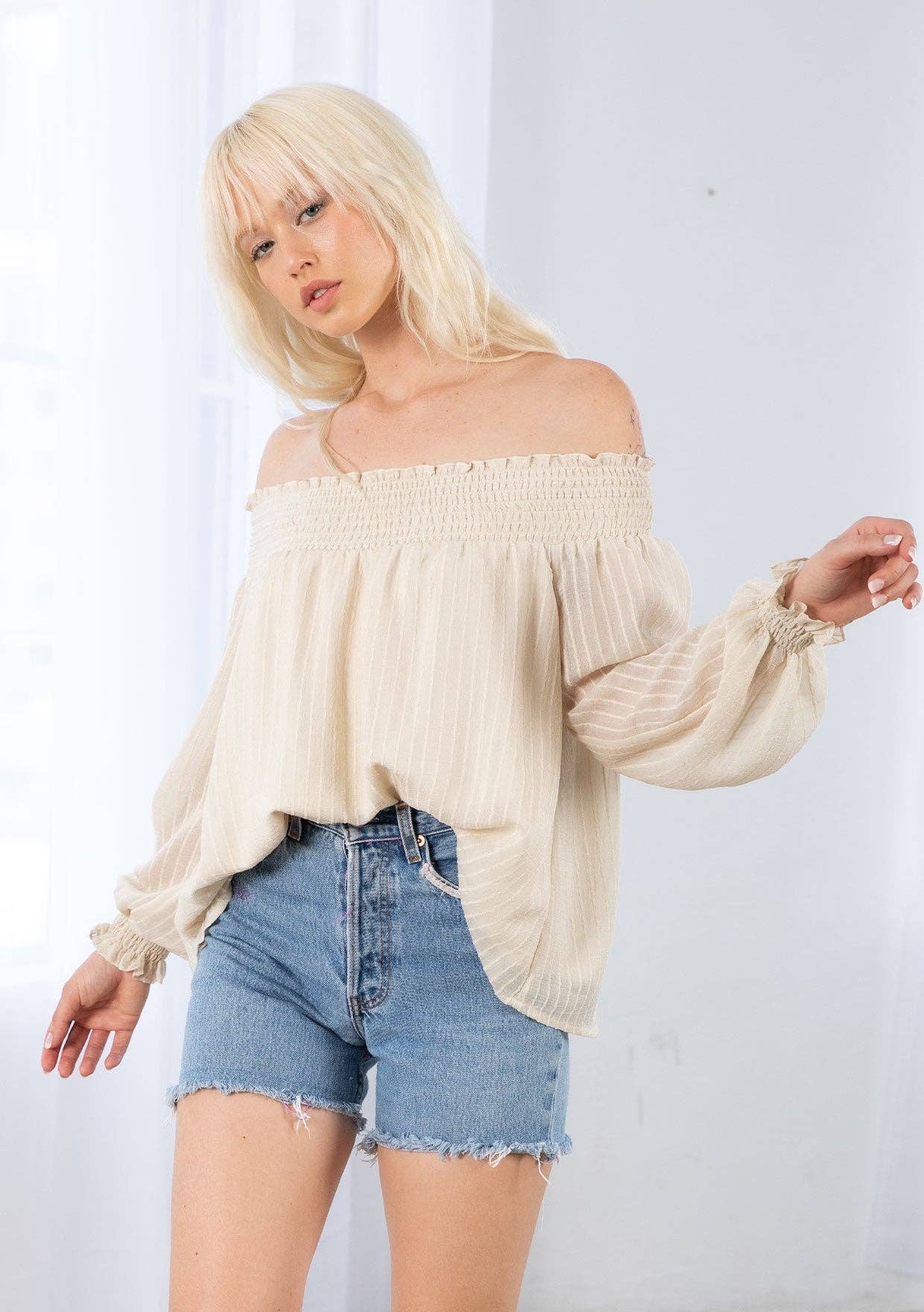 Smocked Off Shoulder 3/4 Sleeve Boho Blouse