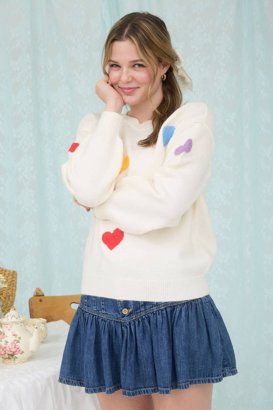 MULTICOLOR HEART CREWNECK KNIT PULLOVER SWEATER