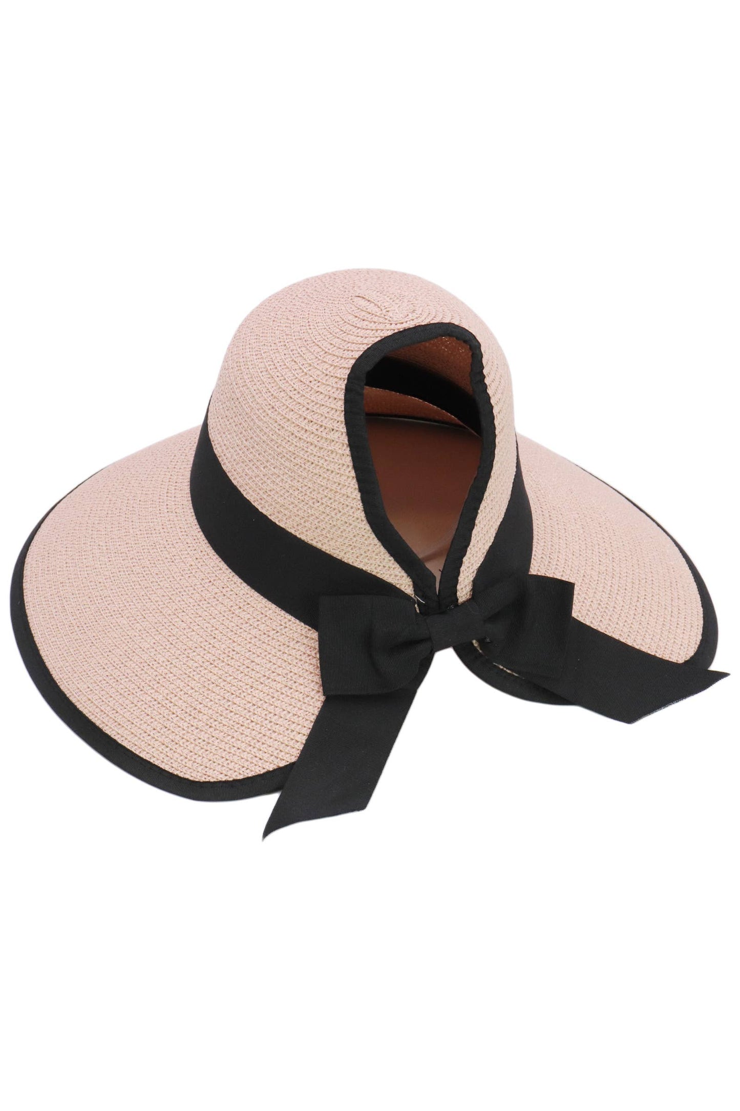 Black Bow Ponytail Straw Visor Dome Derby Sun Hat