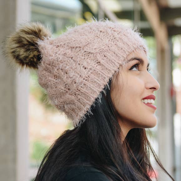 Faux Mohair Cable Knit Pom Pom Beanie