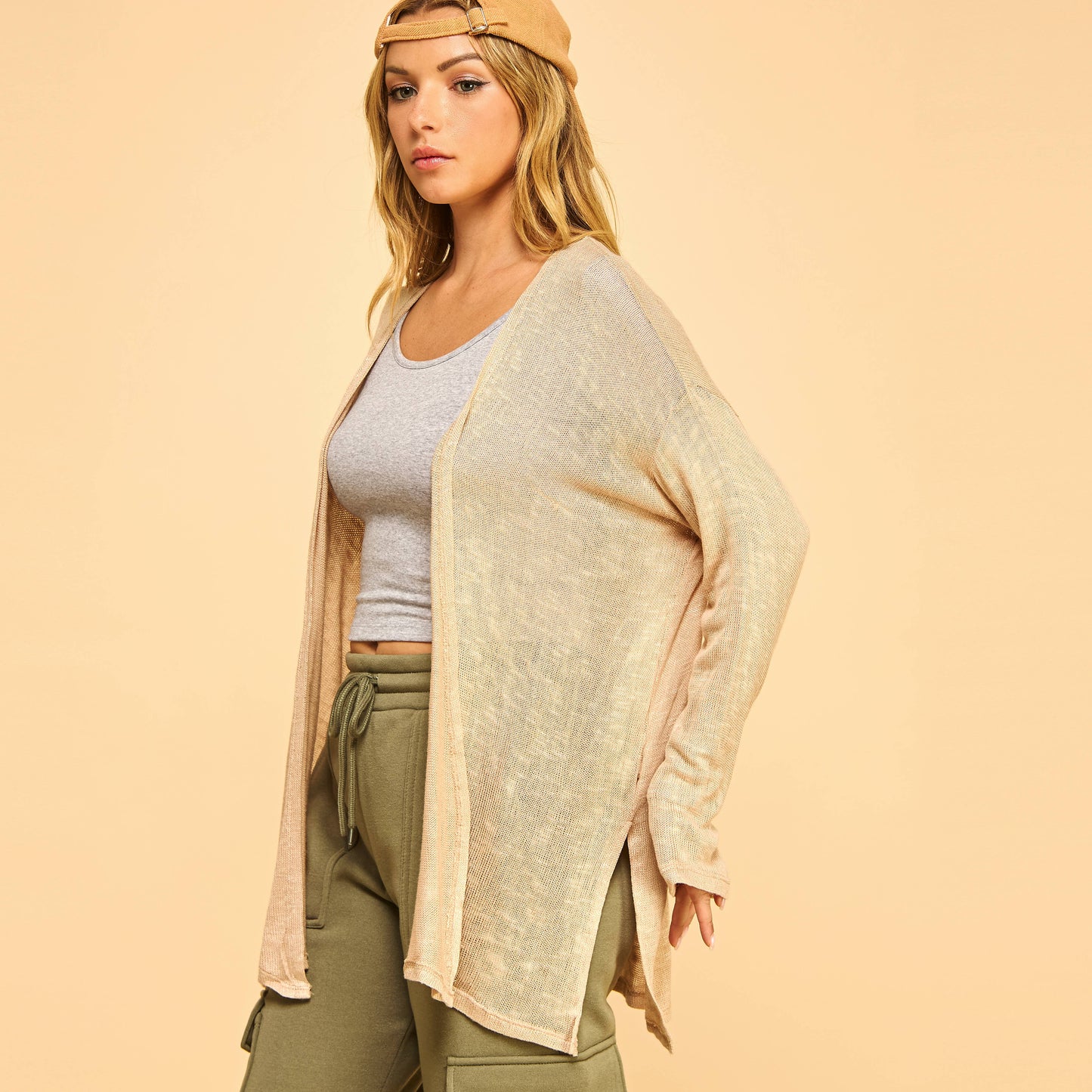 SLUBBED HACCI MIDI LONG SLEEVE DUSTER W/SIDE SLITS-F76353