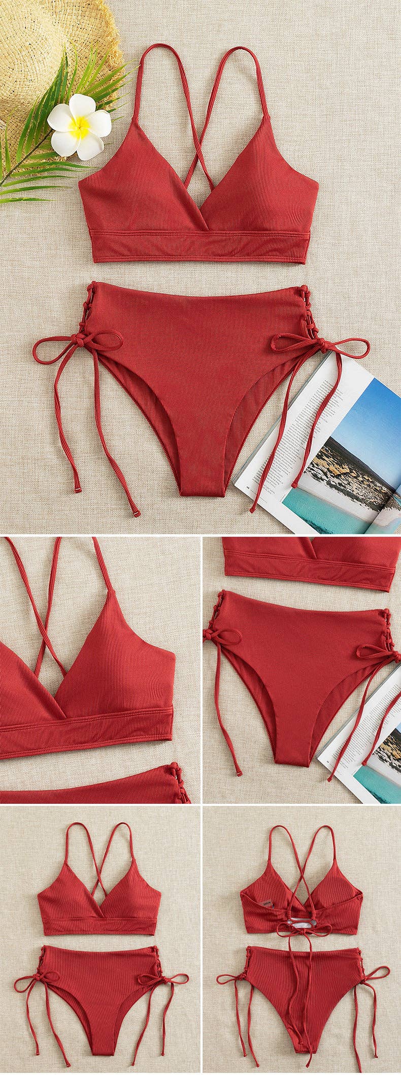 Ladies Solid Color Shoulder String Tie Bikini Set RFD-9684