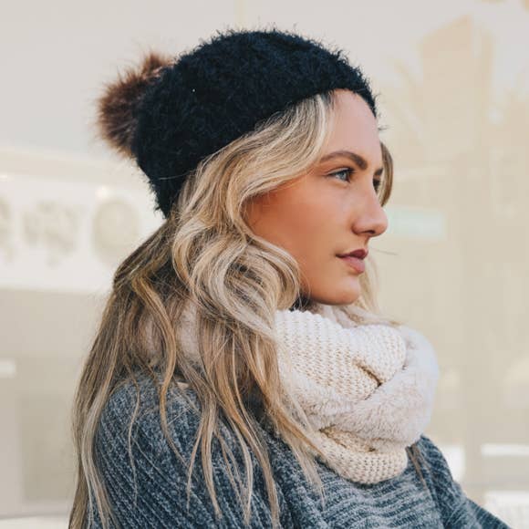 Faux Mohair Cable Knit Pom Pom Beanie