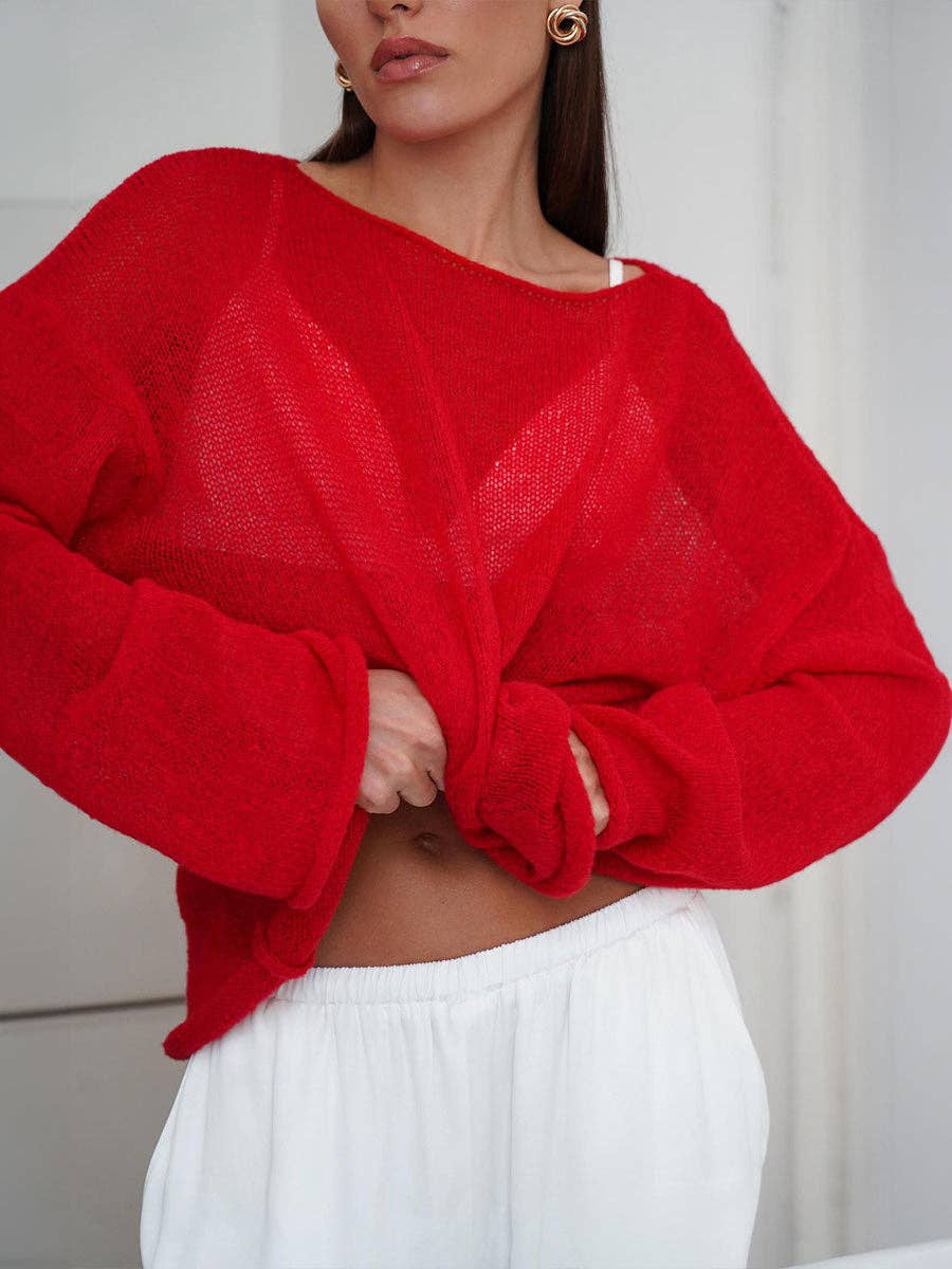 Ladies Solid Color Hollow Knit Top MY0106