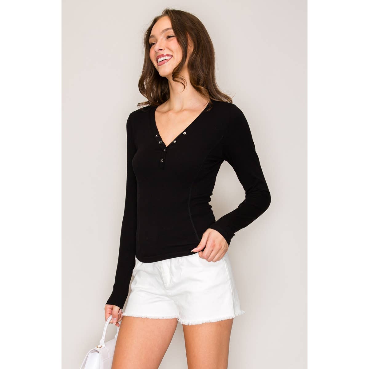 Long Sleeve Henley Top with Snaps