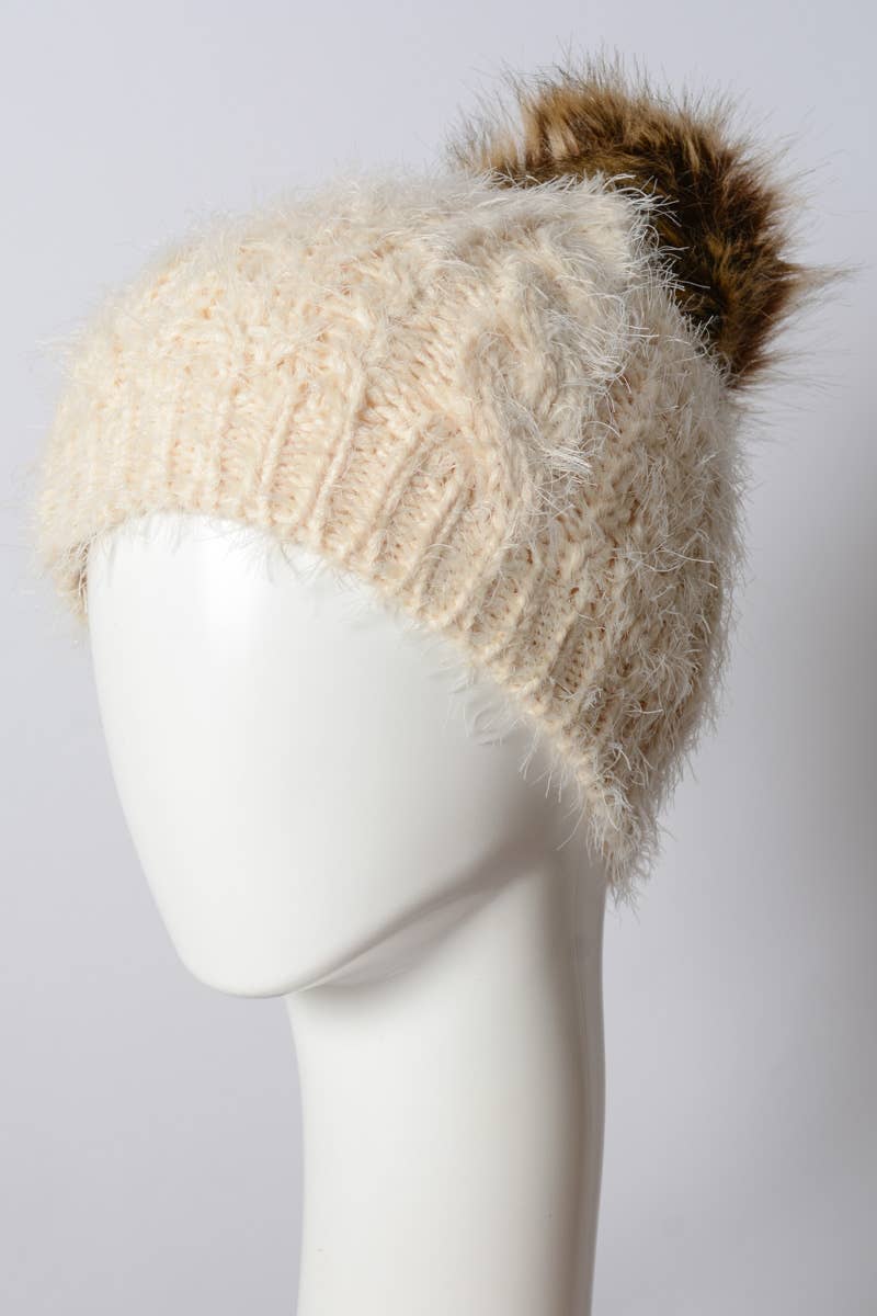 Faux Mohair Cable Knit Pom Pom Beanie
