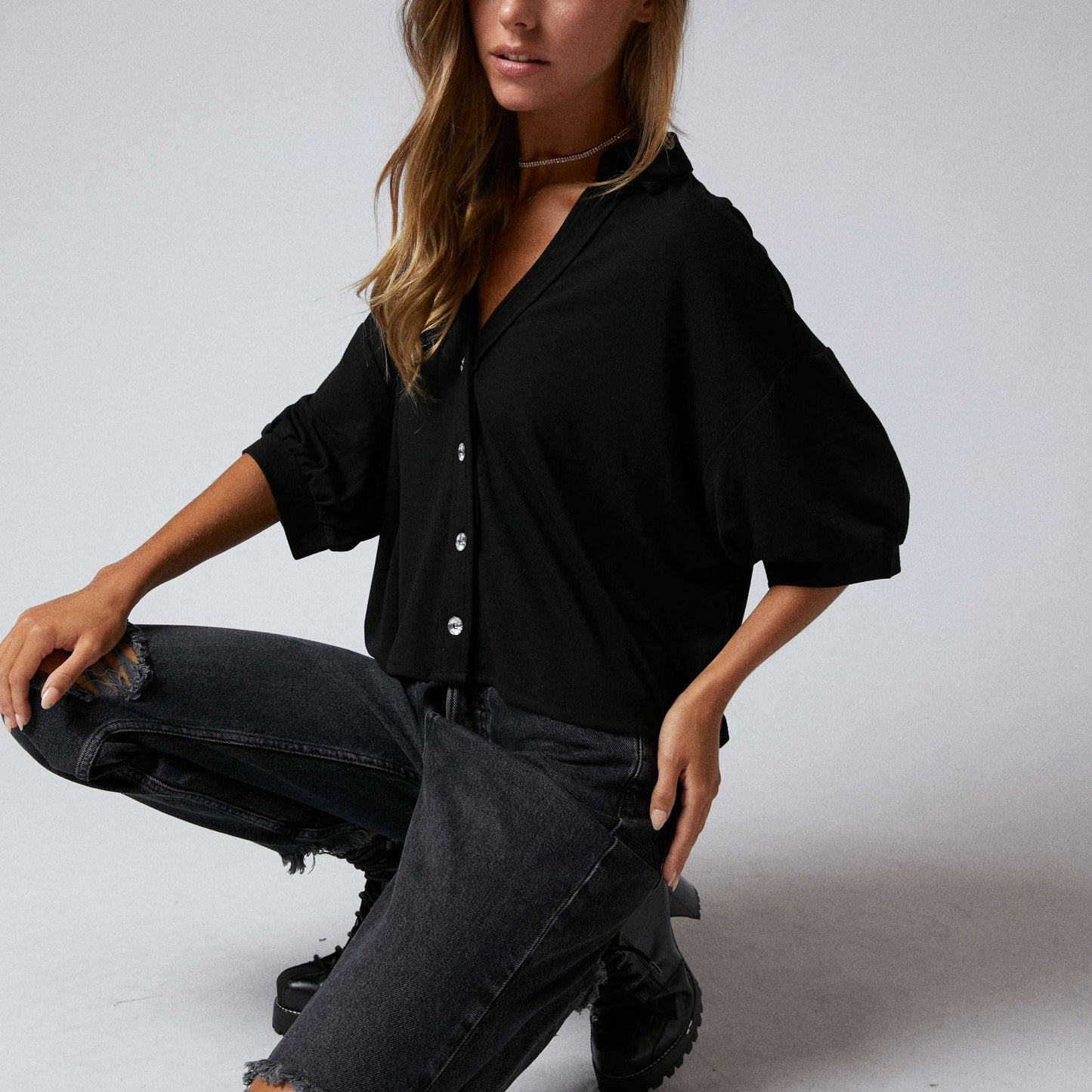 Rhinstone Button Down Crop Shirt