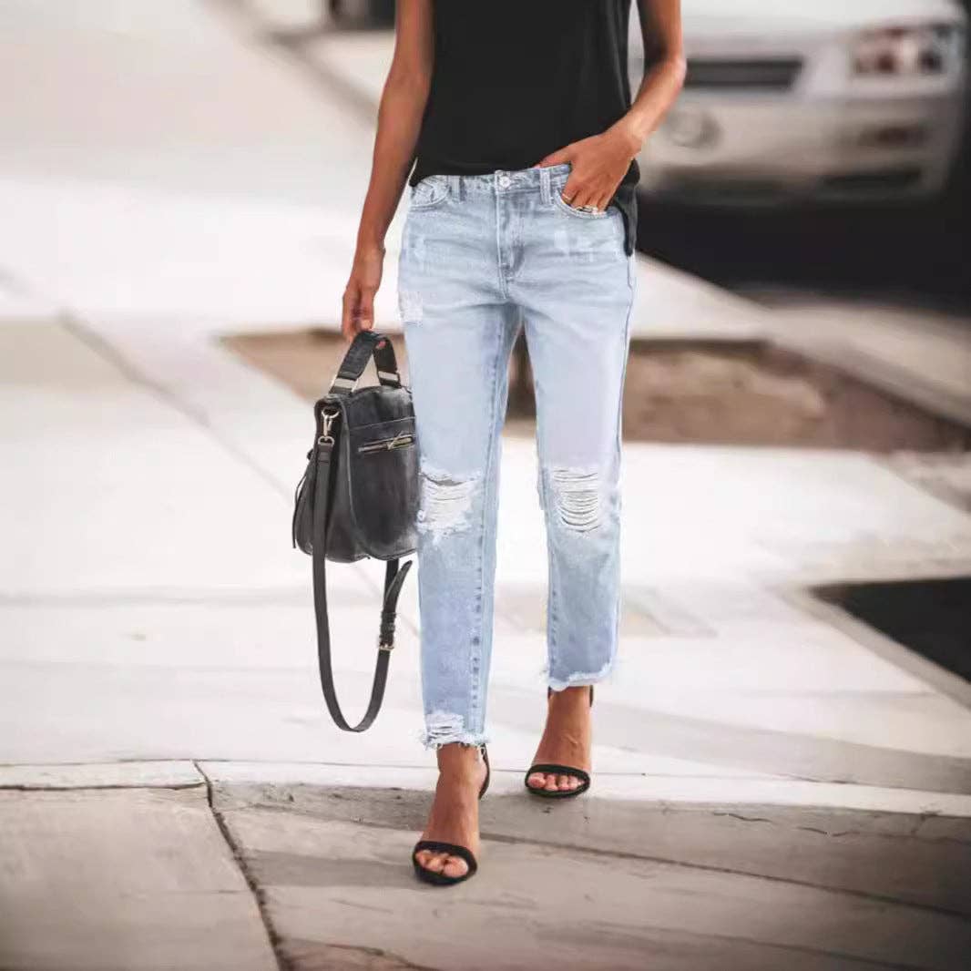 Women Casual Retro Slim Fit Ripped Jeans